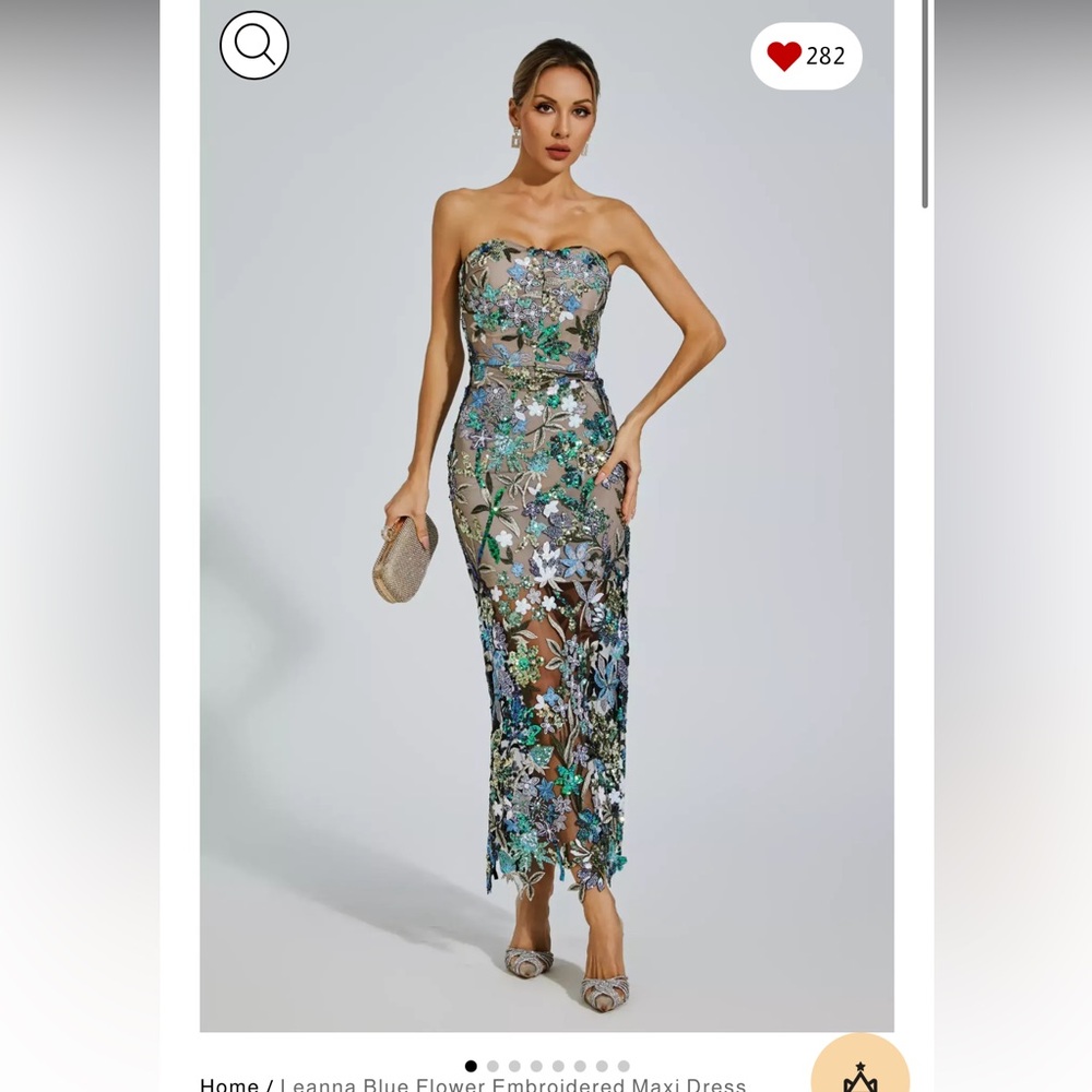 Blue flowered embroidered maxi dress NWT